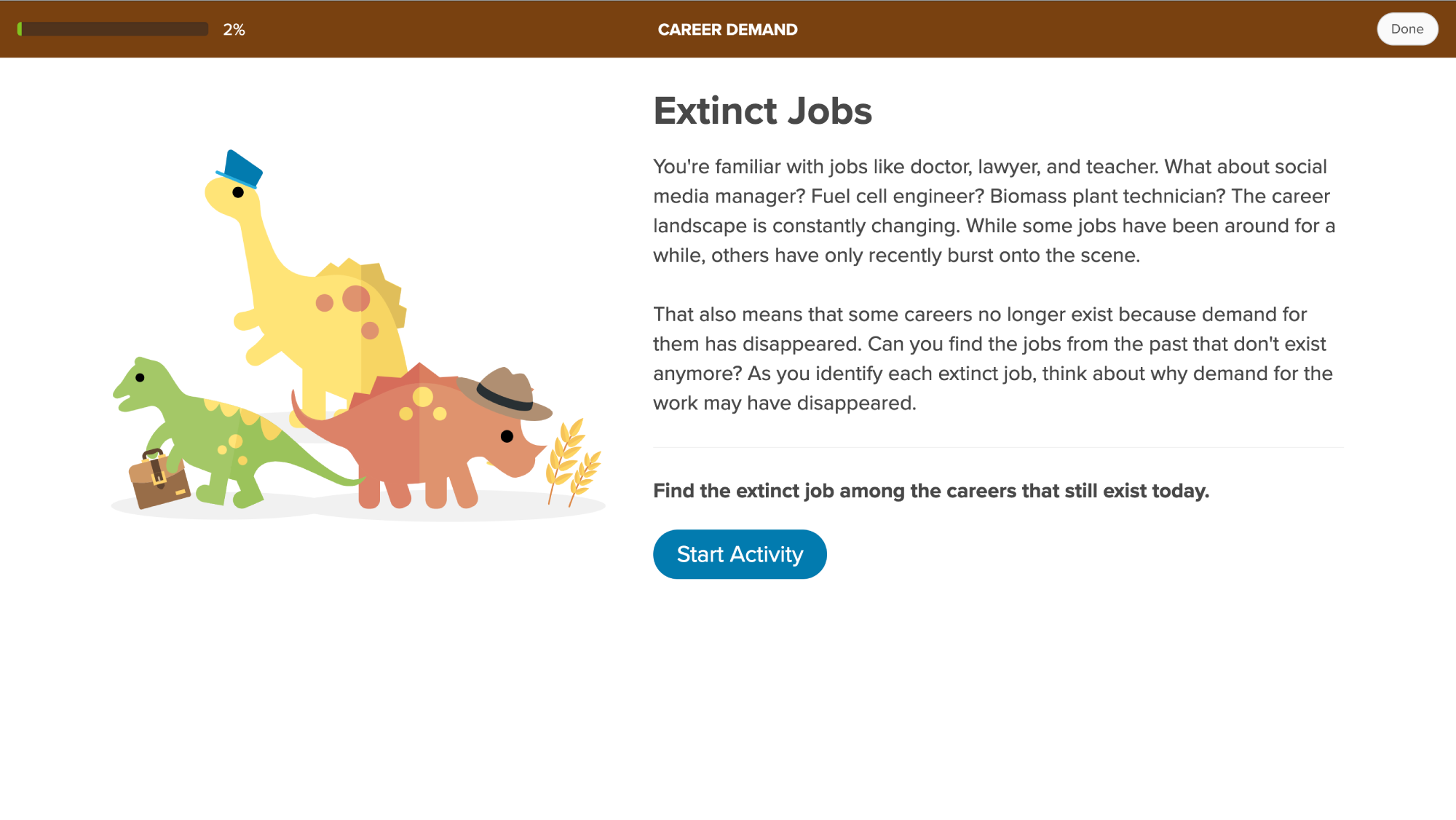 Xello Lesson called Career Demand, first activitiy says "Extinct Jobs"